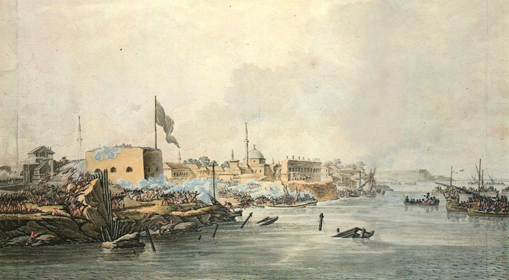 Штурм Измаила. Гравюра С. П. Шифляра на основе натурной зарисовки.