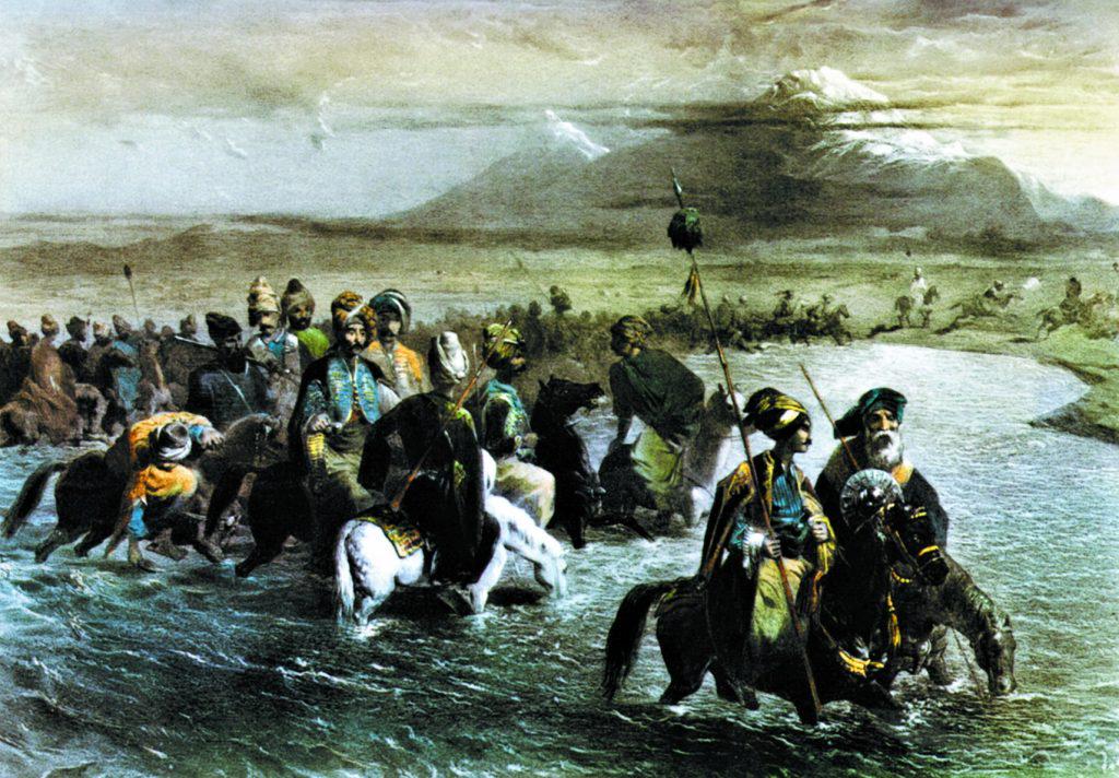 Армения. Курды, переходящие вброд реку Аракс. Литография по рисунку Г.Г. Гагарина