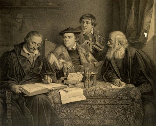 Philipp Melanchthon (left), Martin Luther (center), Johann Bugenhagen (aka Pomeranus, second from right), and Caspar Cruciger (right) translate the Bible. Lithograph by Alphonse Léon Noël from a painting by Pierre-Antoine Labouchère, ca. 1846