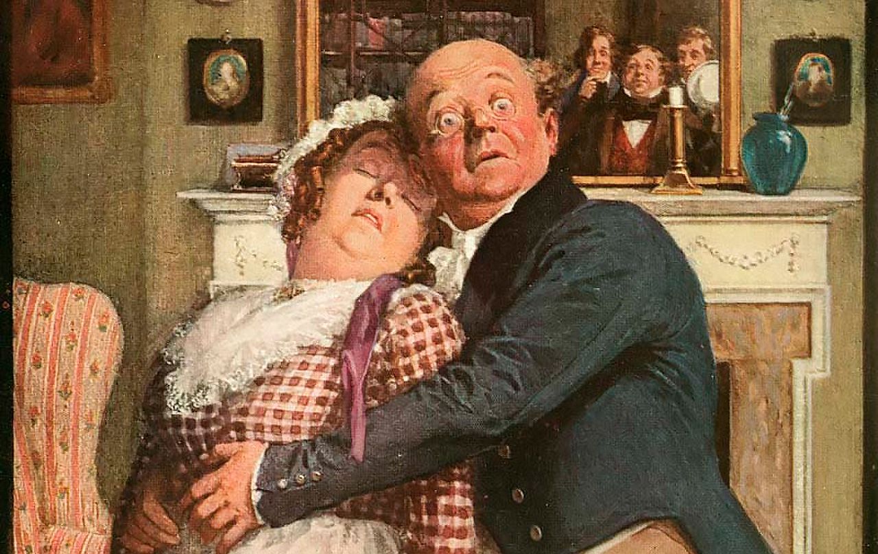 Миссис Барделл теряет сознание в объятиях мистера Пиквика. Иллюстрация Фрэнка Рейнольдса (1910 г.) / Pinterest