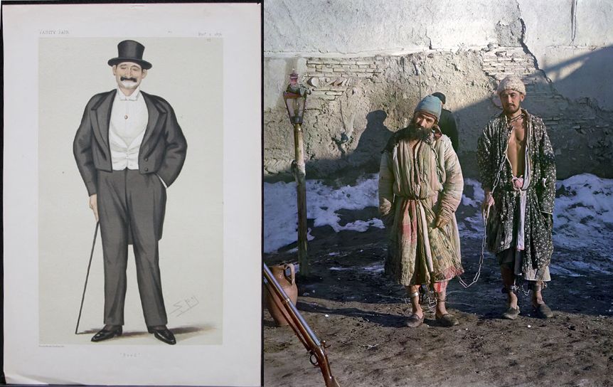 Фред Барнаби в год выхода книги (шарж в журнале Vanity Fair) и заключенные в Бухаре (фото Прокудина-Горского, 1912) / Wikipedia